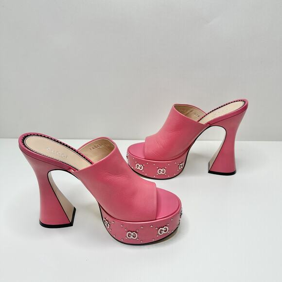Gucci Janaya Studded GG 39.5/US 9 Platform Sandals Rhodamine Pink Spool Heel NIB - Picture 7 of 11